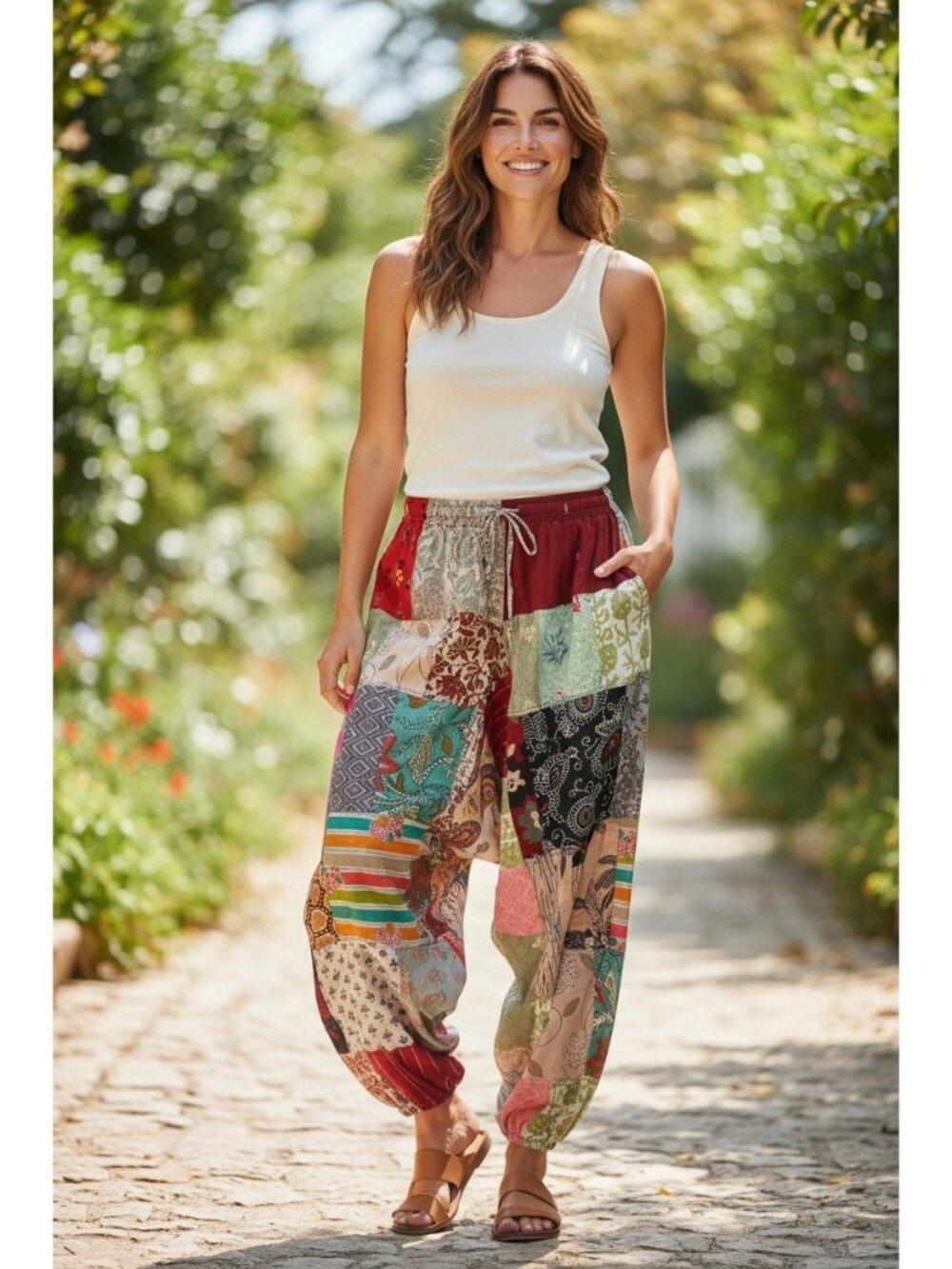 Boho Patchwork Harem Pants Elastic Waist One Size Indie Festival Hippie Goblin